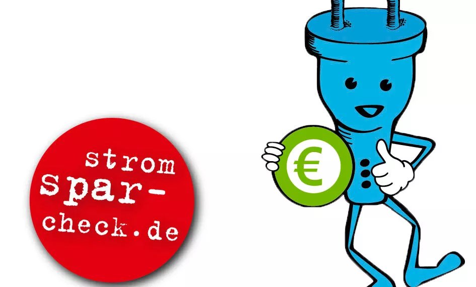 Logo Stromspar-Check mit Maskottchen und Euro-Symbol